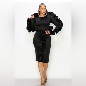 BRAND NEW NEVER BEEN WORN ELEGANT SHOW STOPPER BLACK MIDI RUFFLED DRESS